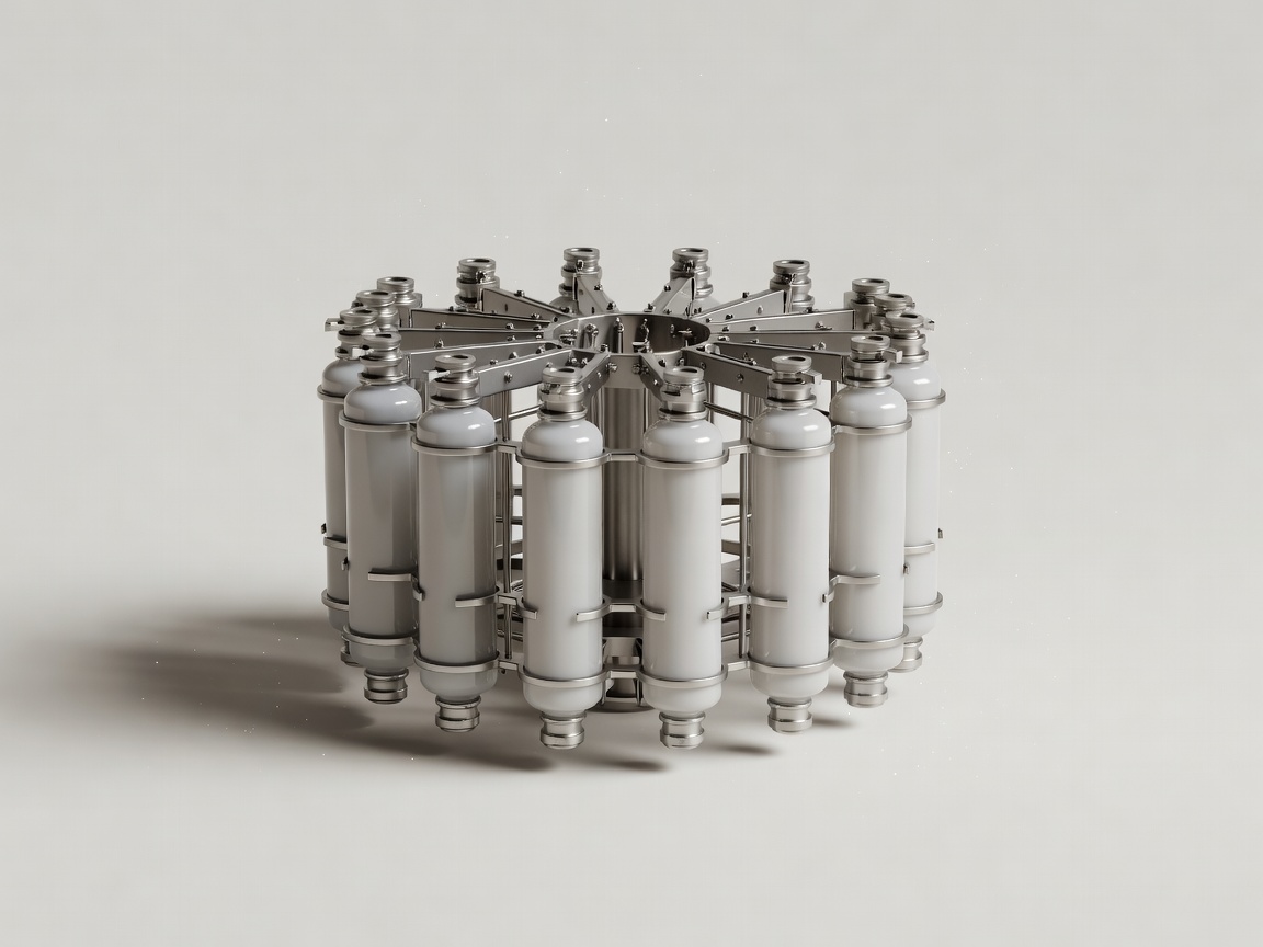 Soft-lit 3D render of a 24-bottle CTD rosette frame showing bottom-mounted sensor package on a plain background