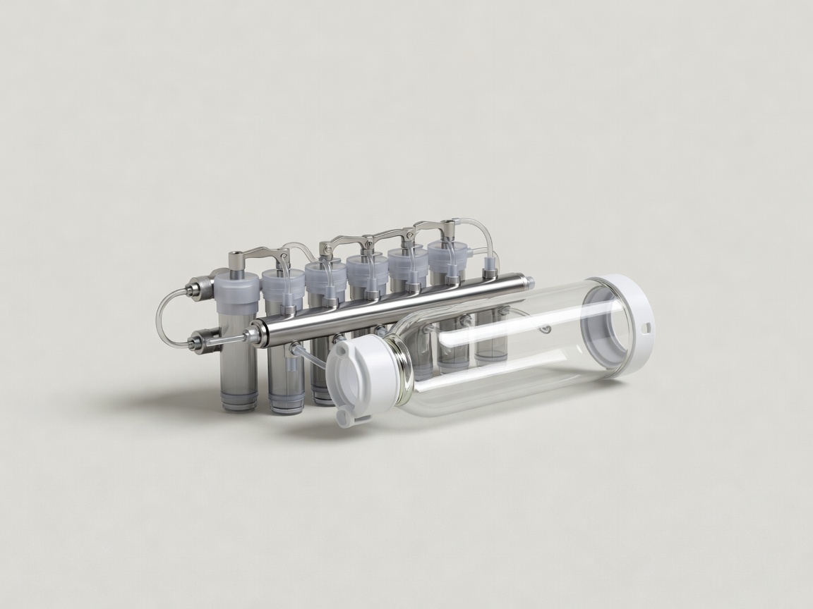 Soft-lit 3D render of a sterile environmental DNA filtration and water sampling manifold on a plain background
